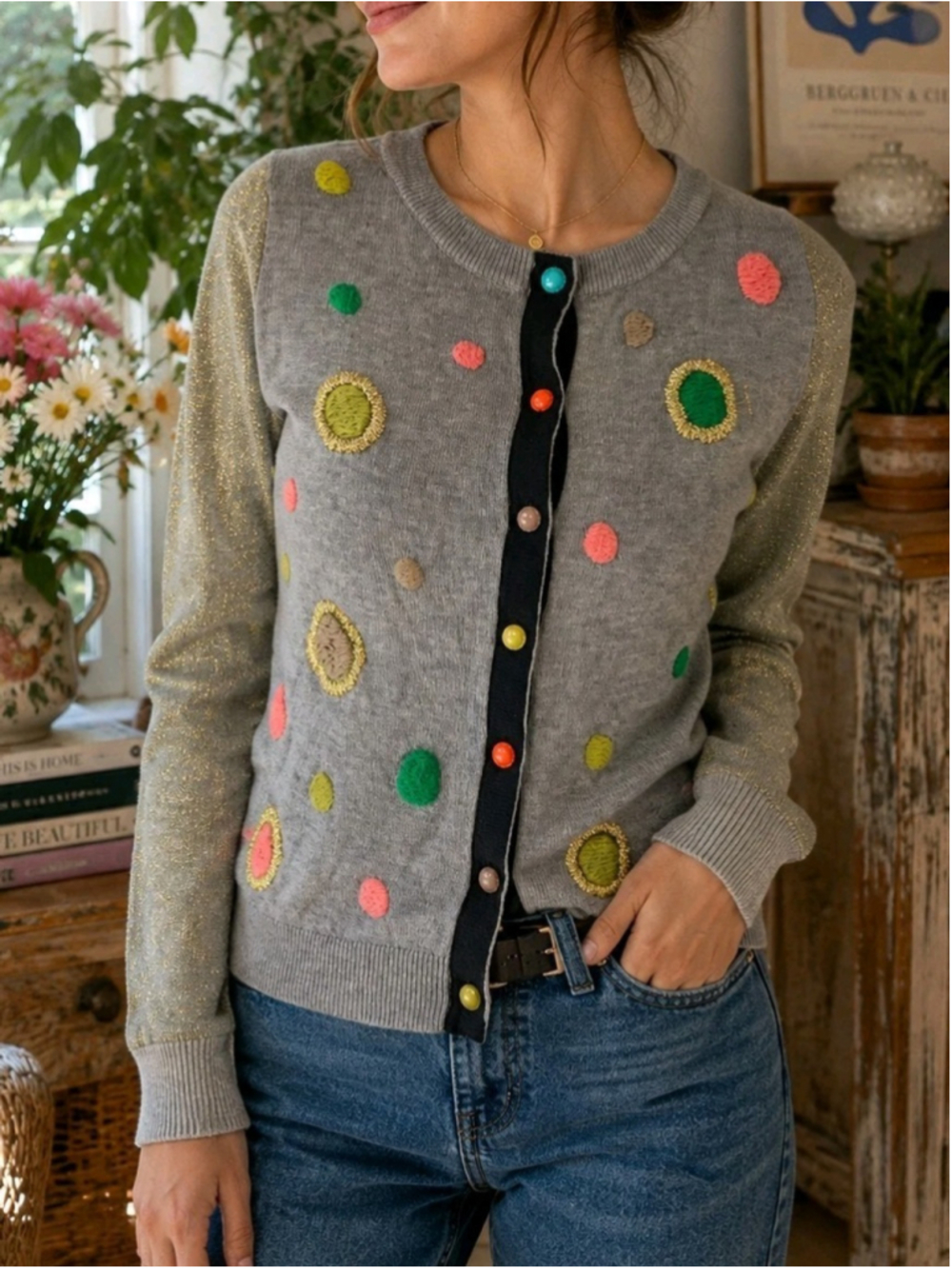 Anthropologie Charlie & Robin Cardigan XS Embroidered Metallic Gold Gray Sweater
